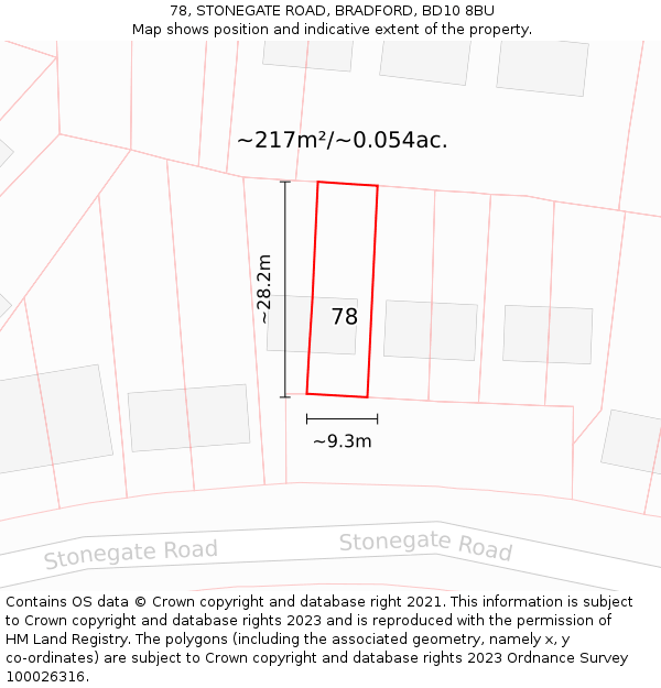 78, STONEGATE ROAD, BRADFORD, BD10 8BU: Plot and title map