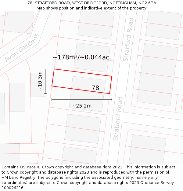 78, STRATFORD ROAD, WEST BRIDGFORD, NOTTINGHAM, NG2 6BA: Plot and title map