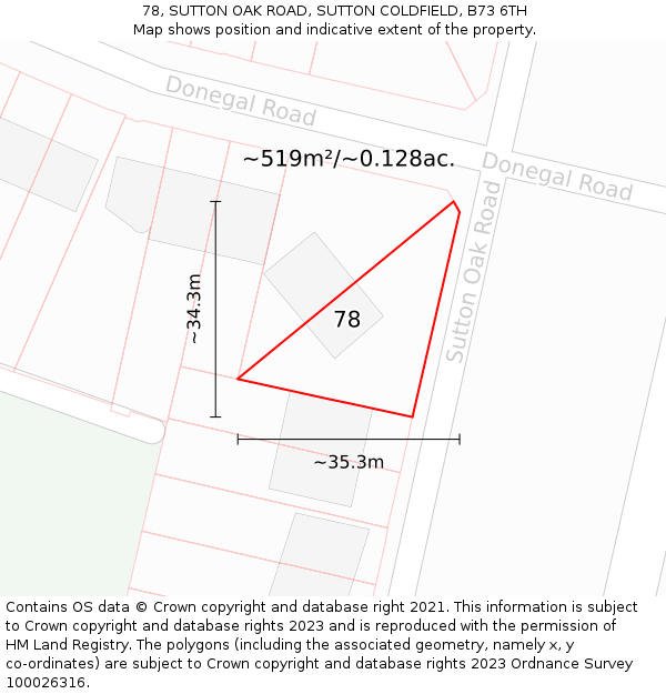 78, SUTTON OAK ROAD, SUTTON COLDFIELD, B73 6TH: Plot and title map