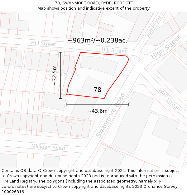 78, SWANMORE ROAD, RYDE, PO33 2TE: Plot and title map