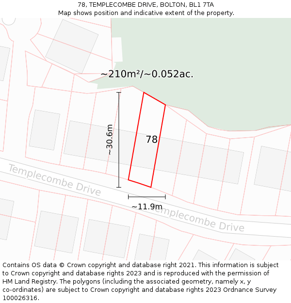 78, TEMPLECOMBE DRIVE, BOLTON, BL1 7TA: Plot and title map