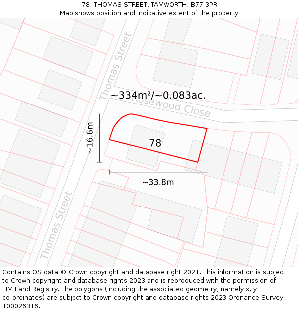 78, THOMAS STREET, TAMWORTH, B77 3PR: Plot and title map