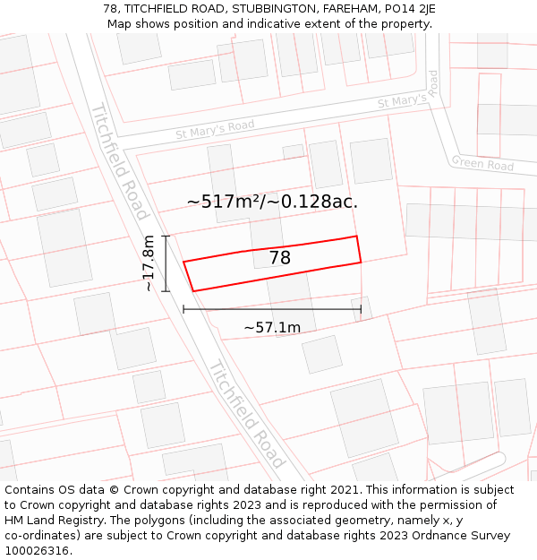 78, TITCHFIELD ROAD, STUBBINGTON, FAREHAM, PO14 2JE: Plot and title map