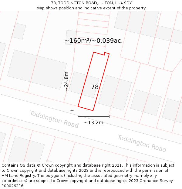 78, TODDINGTON ROAD, LUTON, LU4 9DY: Plot and title map