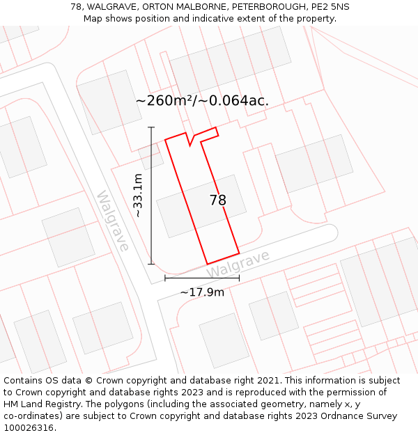 78, WALGRAVE, ORTON MALBORNE, PETERBOROUGH, PE2 5NS: Plot and title map