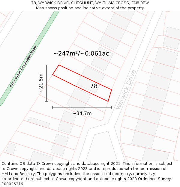 78, WARWICK DRIVE, CHESHUNT, WALTHAM CROSS, EN8 0BW: Plot and title map