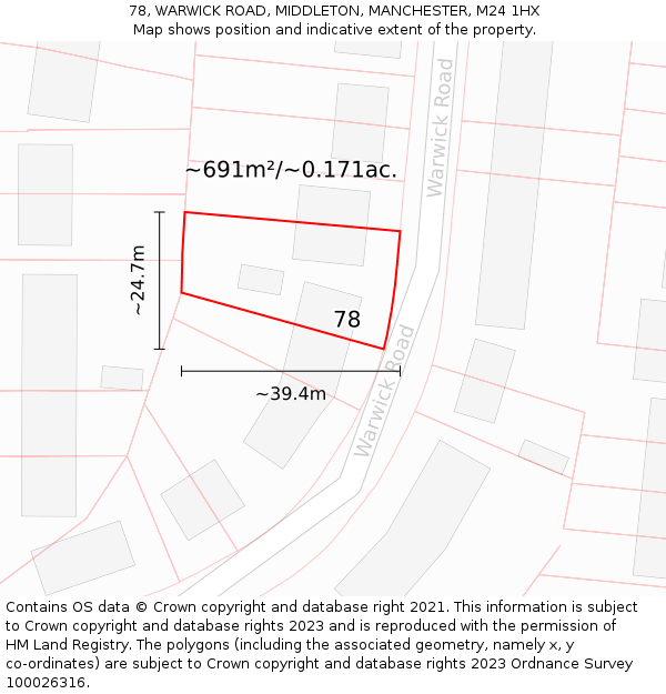 78, WARWICK ROAD, MIDDLETON, MANCHESTER, M24 1HX: Plot and title map