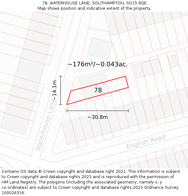 78, WATERHOUSE LANE, SOUTHAMPTON, SO15 8QE: Plot and title map