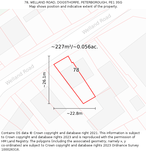 78, WELLAND ROAD, DOGSTHORPE, PETERBOROUGH, PE1 3SG: Plot and title map