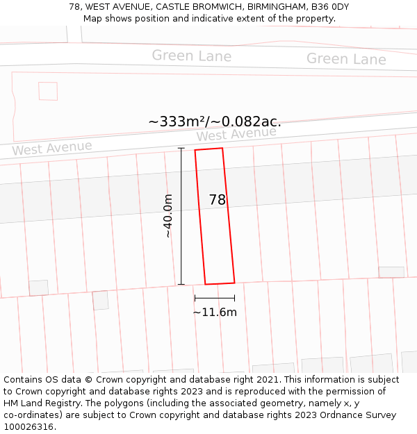 78, WEST AVENUE, CASTLE BROMWICH, BIRMINGHAM, B36 0DY: Plot and title map