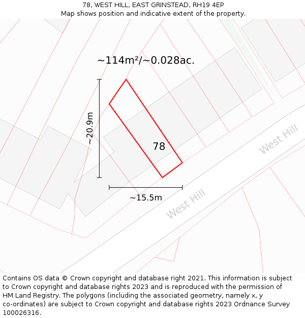 78, WEST HILL, EAST GRINSTEAD, RH19 4EP: Plot and title map