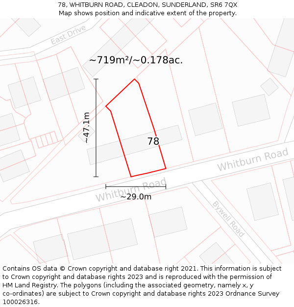 78, WHITBURN ROAD, CLEADON, SUNDERLAND, SR6 7QX: Plot and title map