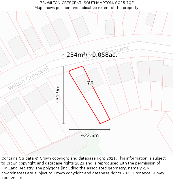 78, WILTON CRESCENT, SOUTHAMPTON, SO15 7QE: Plot and title map