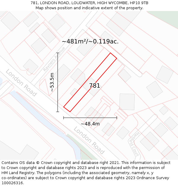 781, LONDON ROAD, LOUDWATER, HIGH WYCOMBE, HP10 9TB: Plot and title map