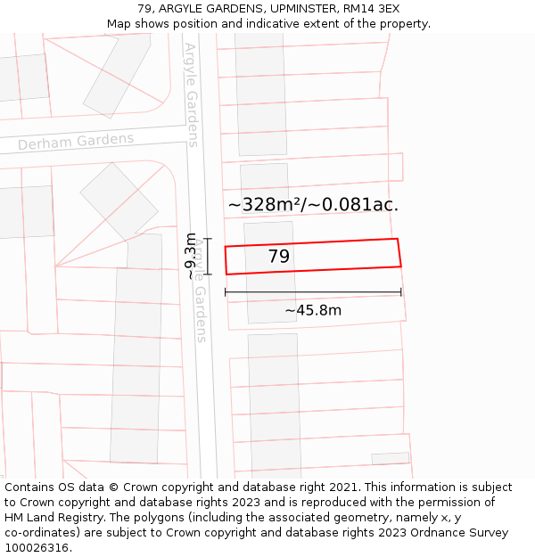 79, ARGYLE GARDENS, UPMINSTER, RM14 3EX: Plot and title map