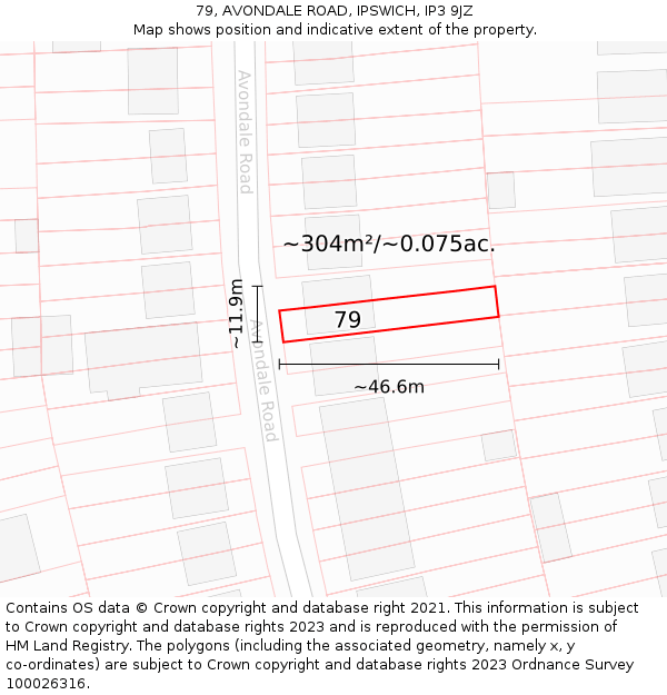 79, AVONDALE ROAD, IPSWICH, IP3 9JZ: Plot and title map