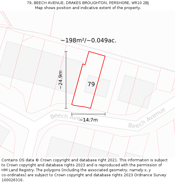 79, BEECH AVENUE, DRAKES BROUGHTON, PERSHORE, WR10 2BJ: Plot and title map