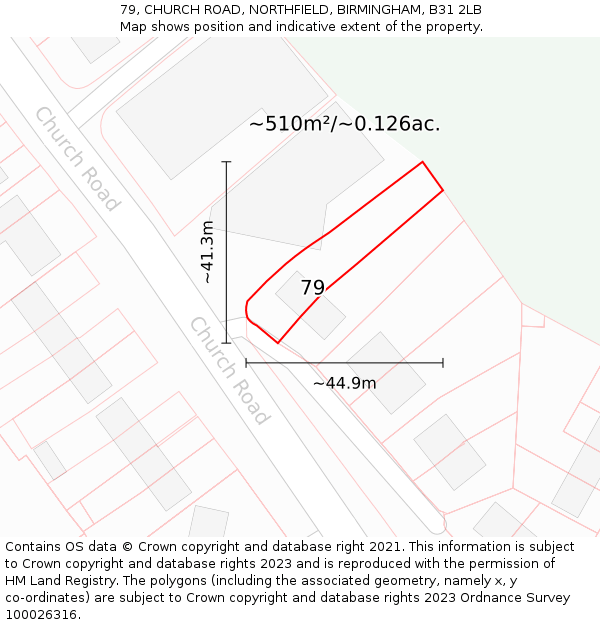 79, CHURCH ROAD, NORTHFIELD, BIRMINGHAM, B31 2LB: Plot and title map