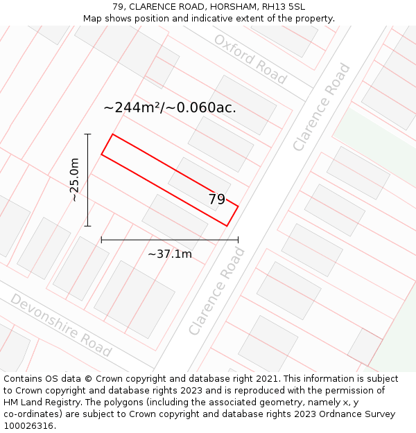 79, CLARENCE ROAD, HORSHAM, RH13 5SL: Plot and title map