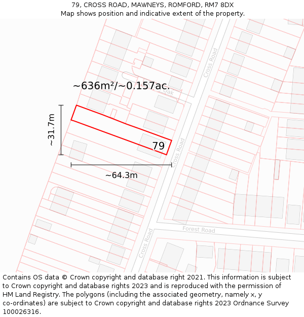 79, CROSS ROAD, MAWNEYS, ROMFORD, RM7 8DX: Plot and title map