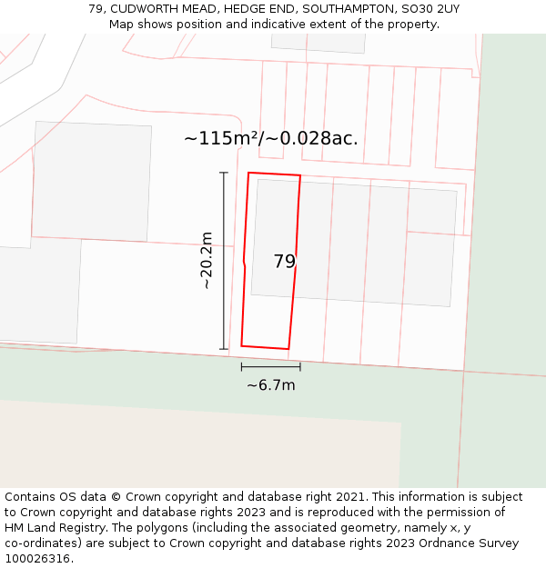 79, CUDWORTH MEAD, HEDGE END, SOUTHAMPTON, SO30 2UY: Plot and title map