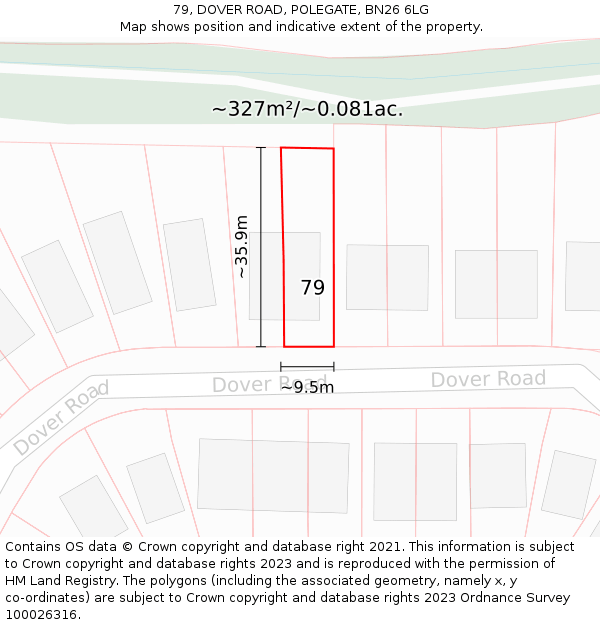 79, DOVER ROAD, POLEGATE, BN26 6LG: Plot and title map