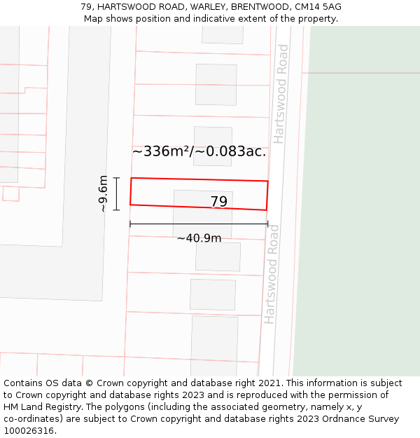 79, HARTSWOOD ROAD, WARLEY, BRENTWOOD, CM14 5AG: Plot and title map