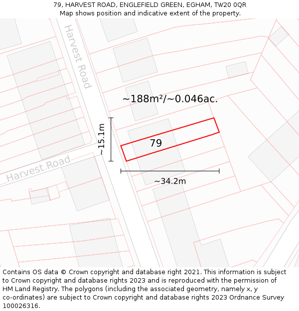 79, HARVEST ROAD, ENGLEFIELD GREEN, EGHAM, TW20 0QR: Plot and title map