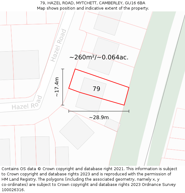 79, HAZEL ROAD, MYTCHETT, CAMBERLEY, GU16 6BA: Plot and title map