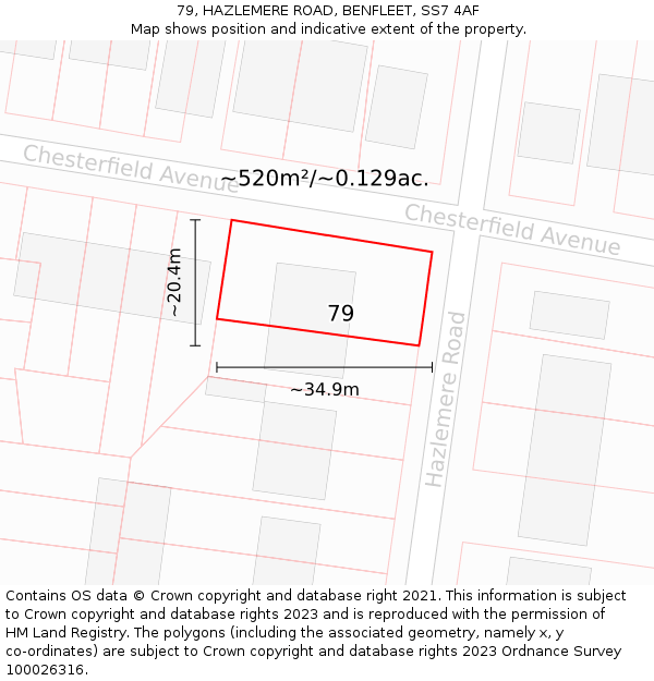 79, HAZLEMERE ROAD, BENFLEET, SS7 4AF: Plot and title map