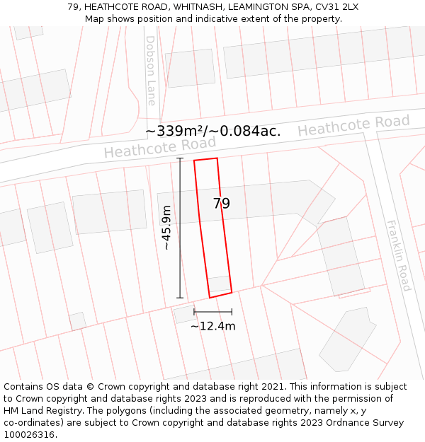 79, HEATHCOTE ROAD, WHITNASH, LEAMINGTON SPA, CV31 2LX: Plot and title map