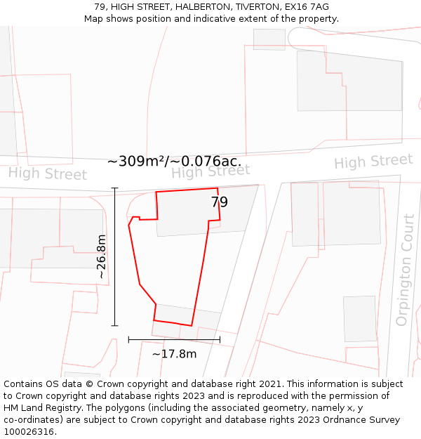 79, HIGH STREET, HALBERTON, TIVERTON, EX16 7AG: Plot and title map