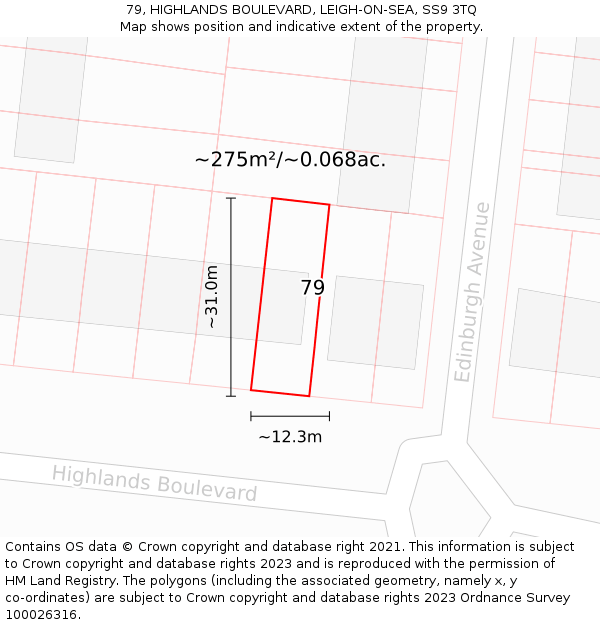 79, HIGHLANDS BOULEVARD, LEIGH-ON-SEA, SS9 3TQ: Plot and title map