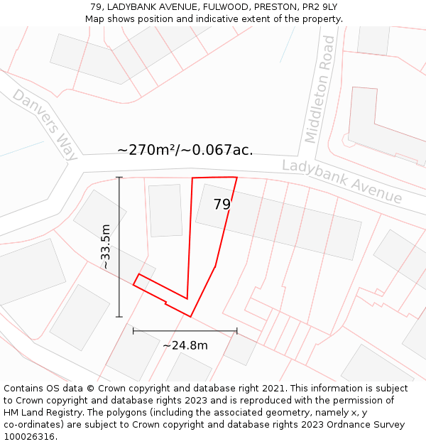 79, LADYBANK AVENUE, FULWOOD, PRESTON, PR2 9LY: Plot and title map