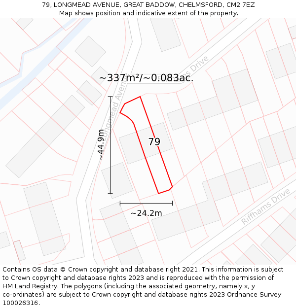 79, LONGMEAD AVENUE, GREAT BADDOW, CHELMSFORD, CM2 7EZ: Plot and title map