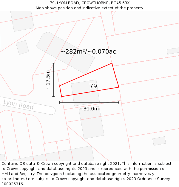 79, LYON ROAD, CROWTHORNE, RG45 6RX: Plot and title map