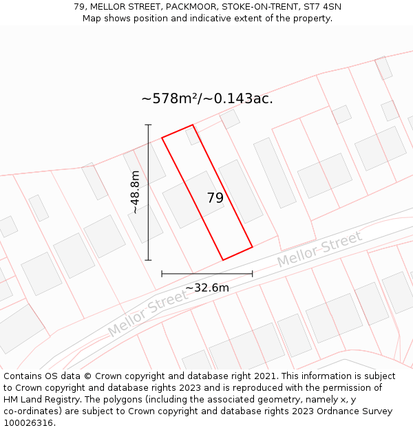 79, MELLOR STREET, PACKMOOR, STOKE-ON-TRENT, ST7 4SN: Plot and title map
