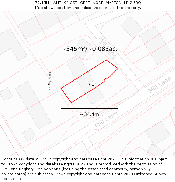 79, MILL LANE, KINGSTHORPE, NORTHAMPTON, NN2 6RQ: Plot and title map