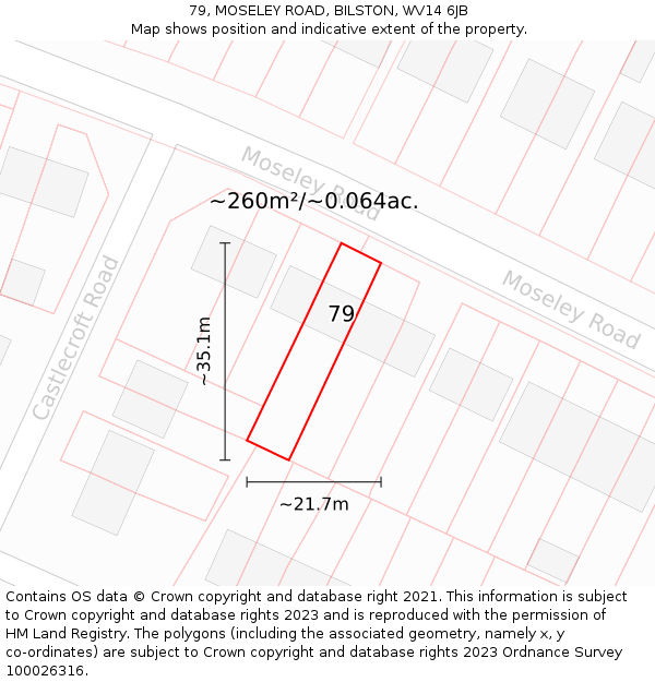 79, MOSELEY ROAD, BILSTON, WV14 6JB: Plot and title map