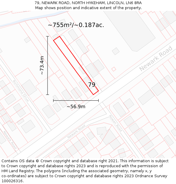 79, NEWARK ROAD, NORTH HYKEHAM, LINCOLN, LN6 8RA: Plot and title map