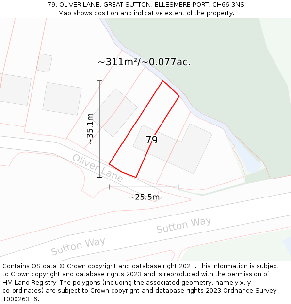 79, OLIVER LANE, GREAT SUTTON, ELLESMERE PORT, CH66 3NS: Plot and title map