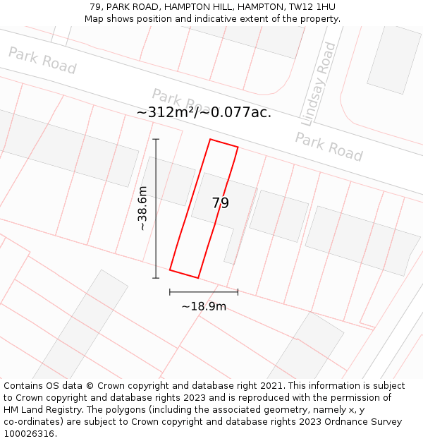 79, PARK ROAD, HAMPTON HILL, HAMPTON, TW12 1HU: Plot and title map