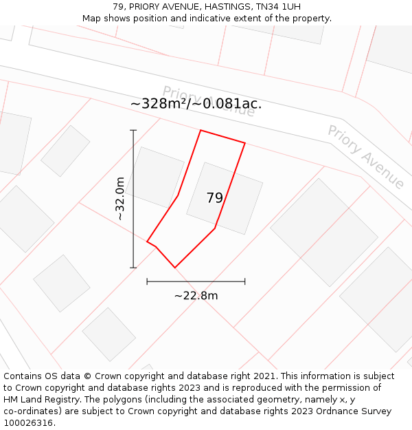 79, PRIORY AVENUE, HASTINGS, TN34 1UH: Plot and title map