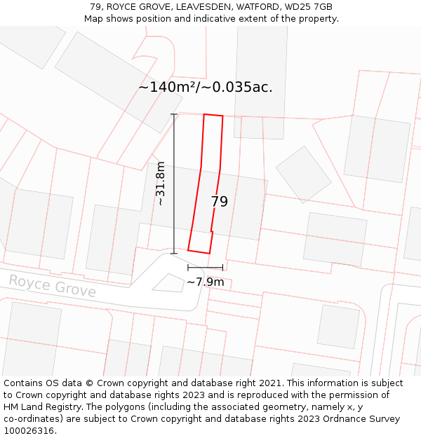 79, ROYCE GROVE, LEAVESDEN, WATFORD, WD25 7GB: Plot and title map