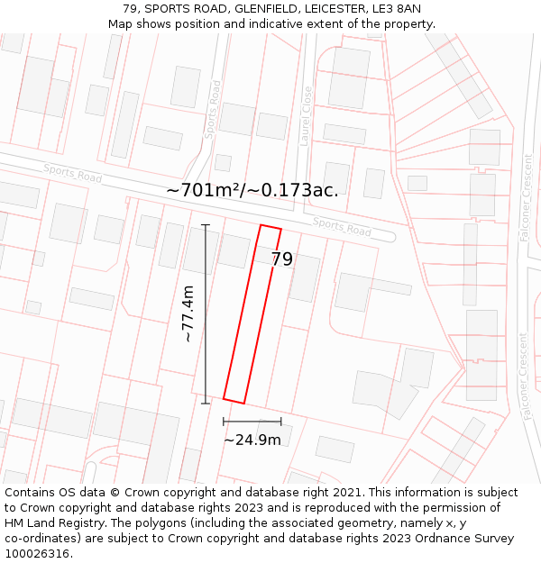 79, SPORTS ROAD, GLENFIELD, LEICESTER, LE3 8AN: Plot and title map