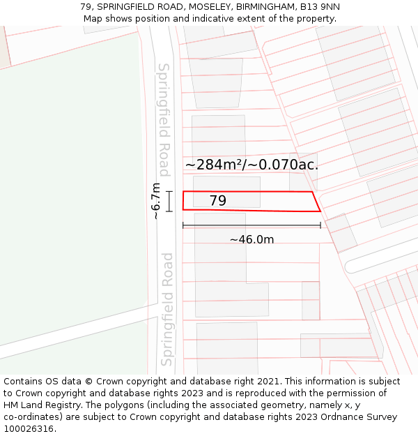 79, SPRINGFIELD ROAD, MOSELEY, BIRMINGHAM, B13 9NN: Plot and title map