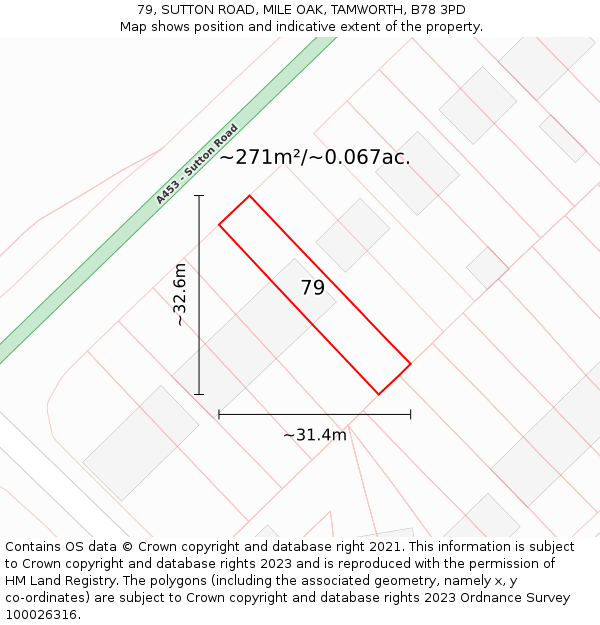 79, SUTTON ROAD, MILE OAK, TAMWORTH, B78 3PD: Plot and title map