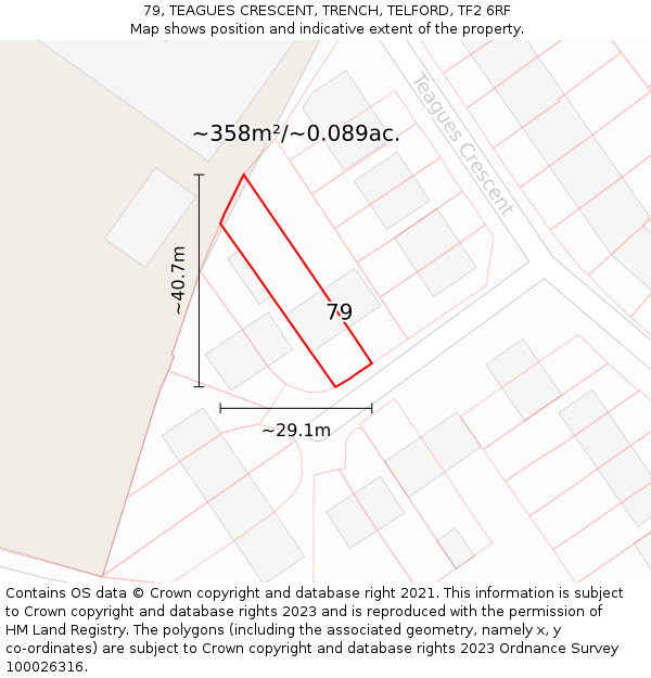 79, TEAGUES CRESCENT, TRENCH, TELFORD, TF2 6RF: Plot and title map