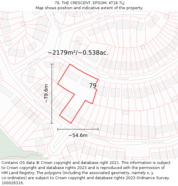 79, THE CRESCENT, EPSOM, KT18 7LJ: Plot and title map