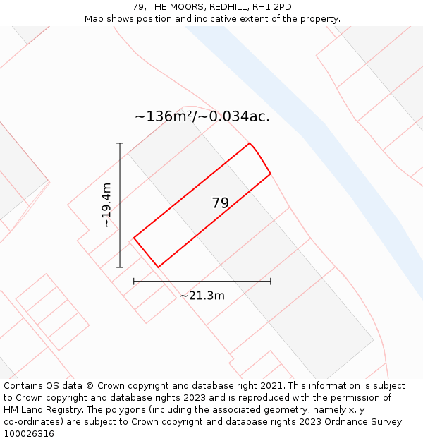 79, THE MOORS, REDHILL, RH1 2PD: Plot and title map